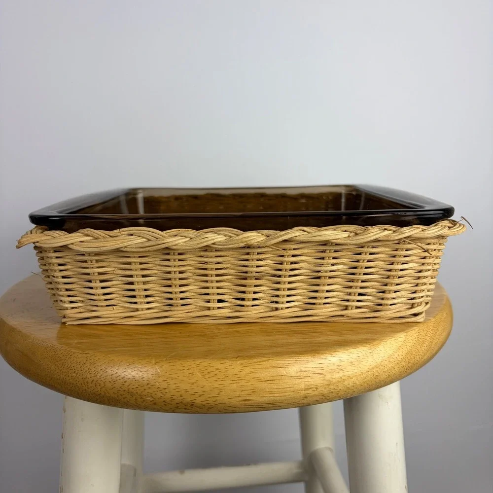 Vintage Pyrex Fireside Naturals 8 Inch Square Cake Dish Rattan Basket 2220-F